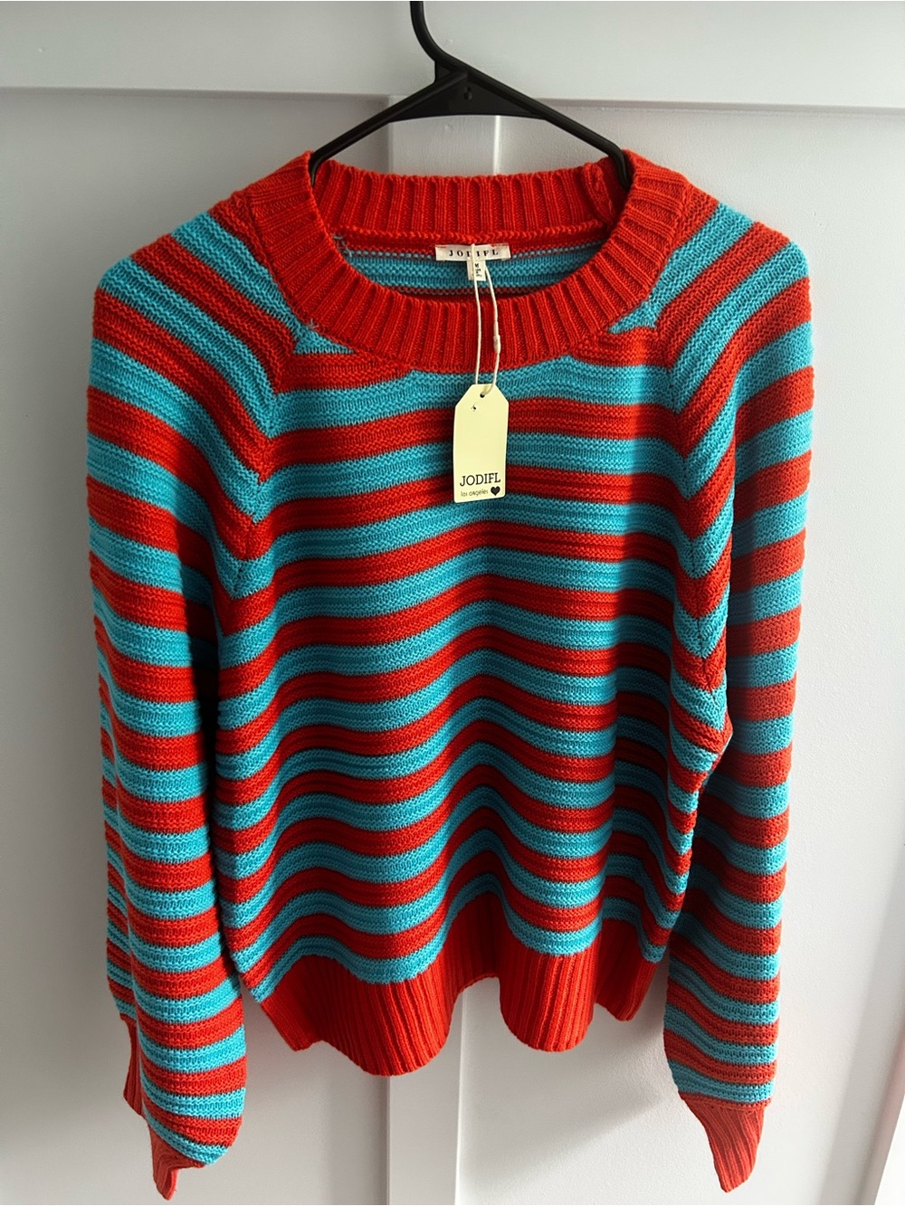 JODIFL Turquoise & Red Striped Crewneck Sweater